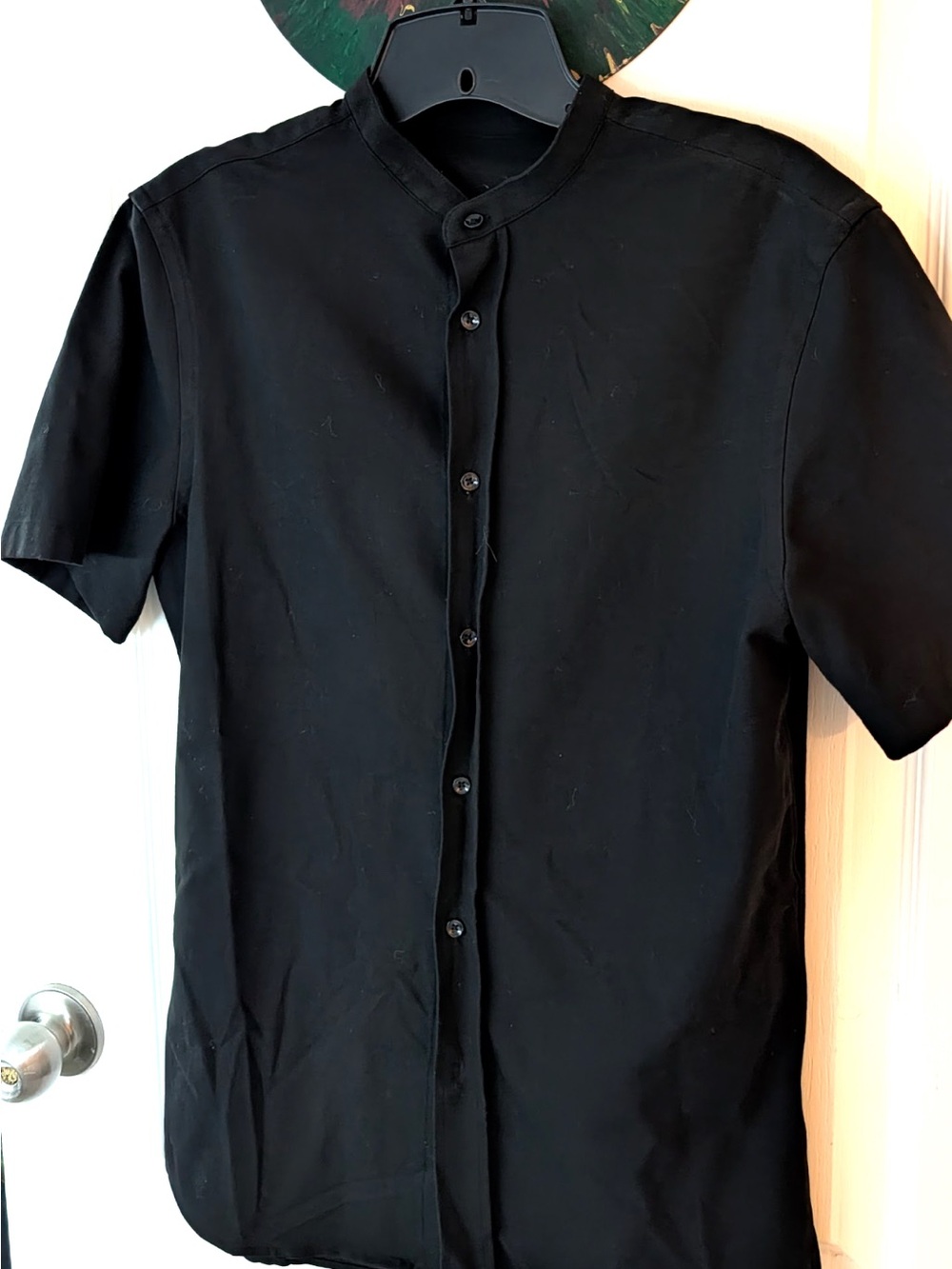 Zara Black Short-Sleeve Button-Down Mandarin Collar Shirt